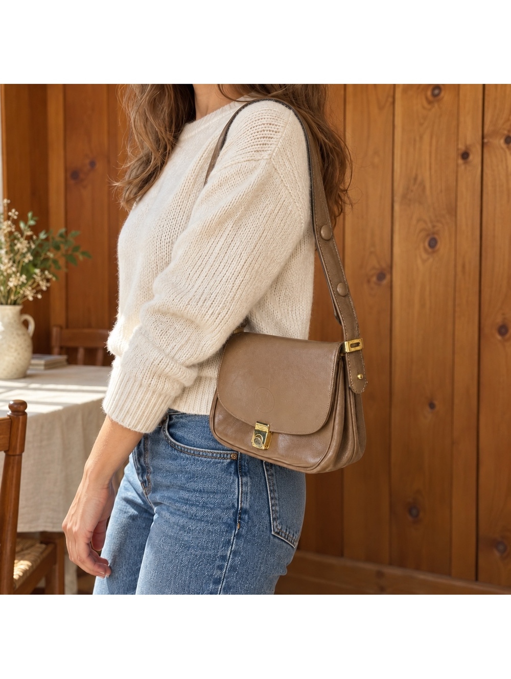 Vintage Saddle Shoulder Bag De Laville Taupe Brown Purse Made In Italy